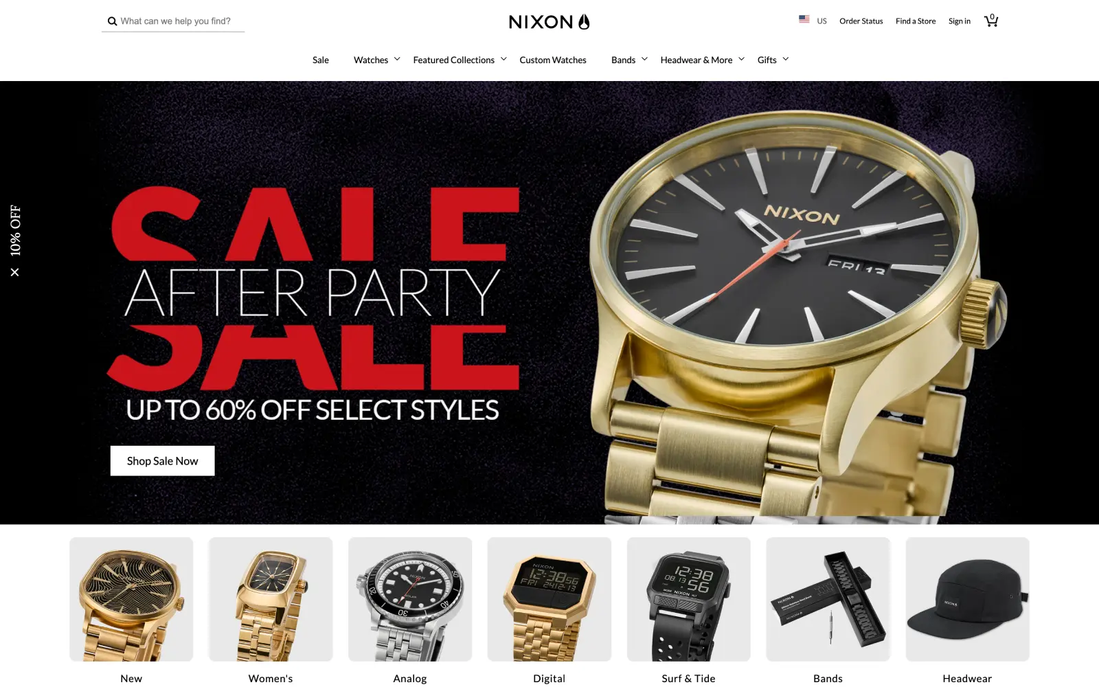 Nixon global e-commerce platform homepage showcasing premium watches and product collections